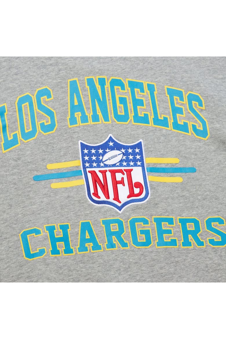 Men's Mitchell & Ness Heather Gray Los Angeles Chargers All Over 4.0 Vintage Logo Pullover Sweatshirt, Alternate, color, Heather Gray