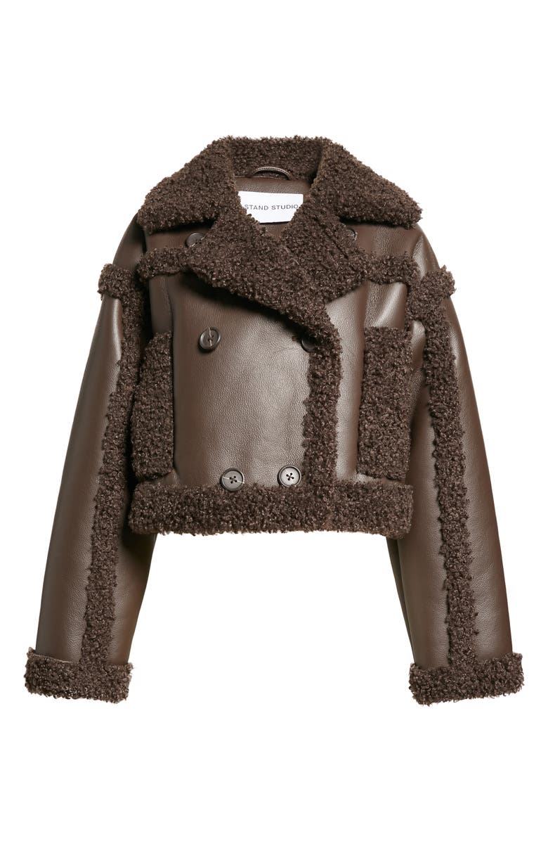 Stand Studio Kristy Double Breasted Faux Leather Crop Jacket with Faux Shearling Trim, Alternate, color,