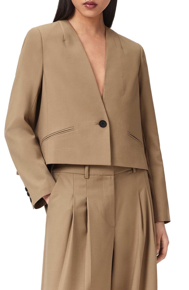 AllSaints Poppy Wool Blend Crop Blazer, Alternate, color, Sand Brown