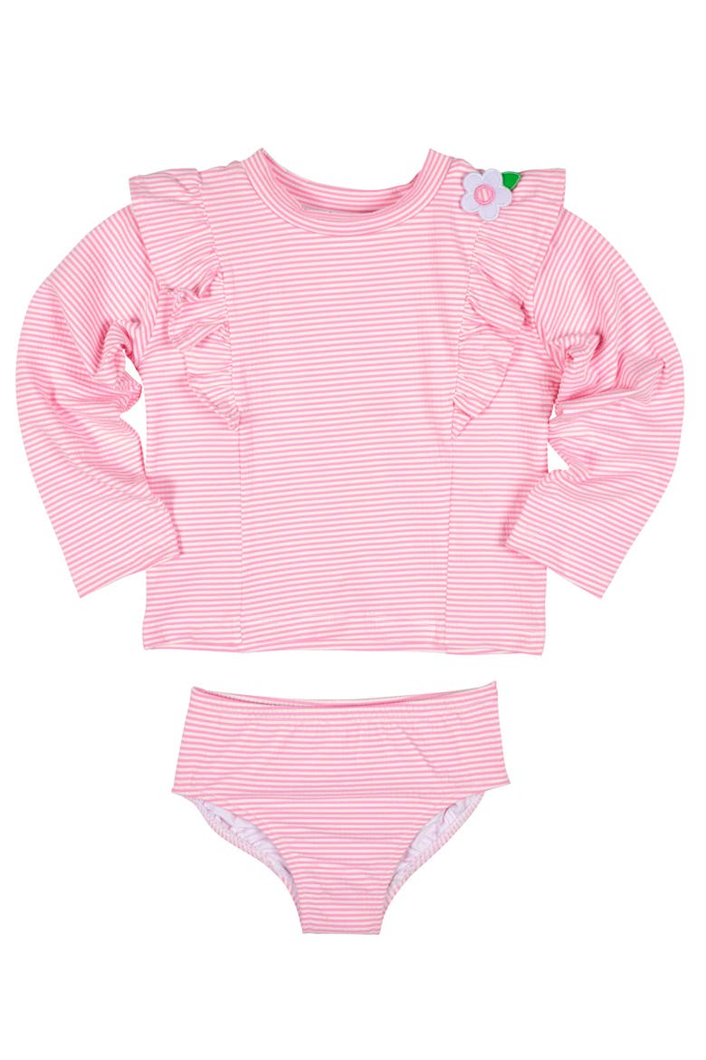 Stripe Seersucker Rashguard Swimsuit with Flower, Main, color, Pink/White