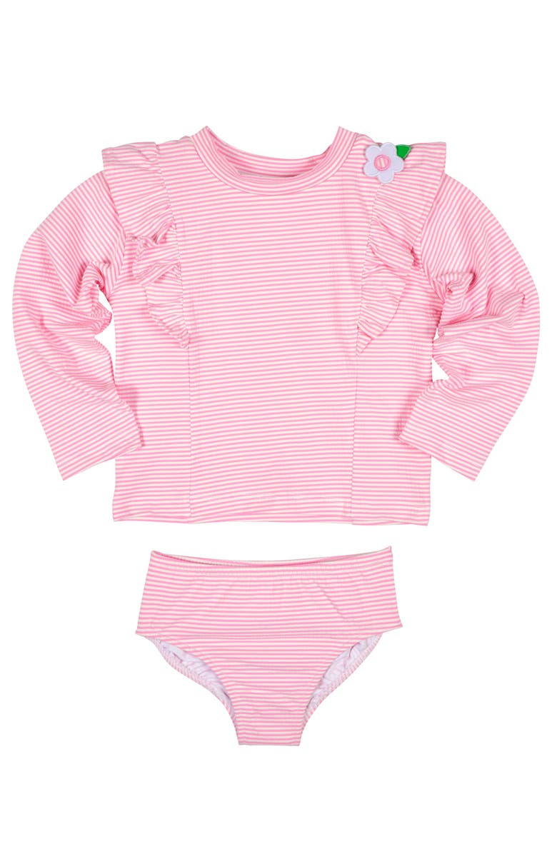 Florence Eiseman Stripe Seersucker Rashguard Swimsuit with Flower, Main, color, Pink/White