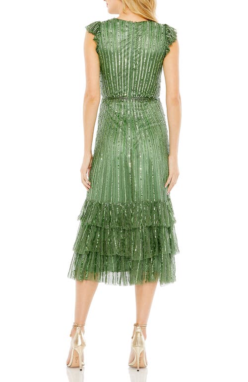 Mac Duggal Sequined Wrap Over Cap Sleeve Ruffle Hem Dress In Sage