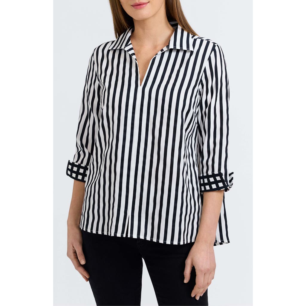 Foxcroft Agnes Stripe Long Sleeve Cotton Sateen Top In White/black