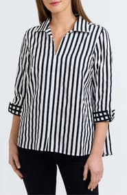 Foxcroft Agnes Stripe Cotton Popover Top