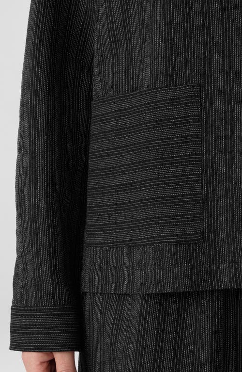 Eileen Fisher Stripe Mandarin Collar Stretch Organic Cotton Blend Shirt Jacket In Black