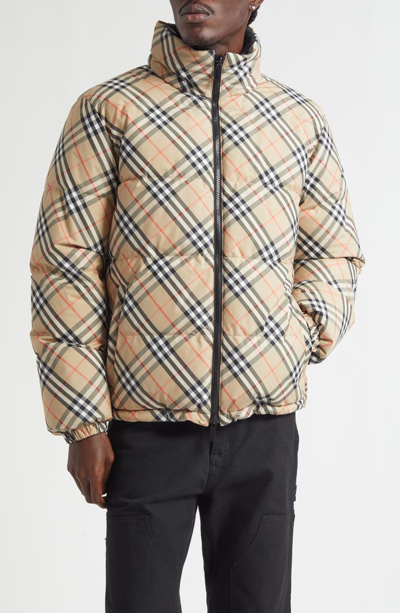 Burberry Snowdon Check Down Puffer Jacket with Stowaway Hood, Main, color, Sand Ip Check