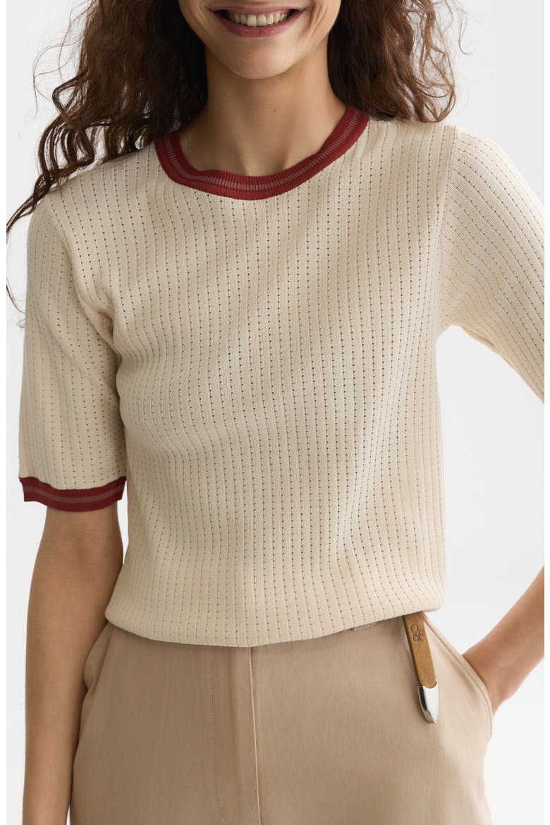 Relaxed Fit Contast Binding Short Sleeve Pointelle Sweater, Main, color, EGGNOG