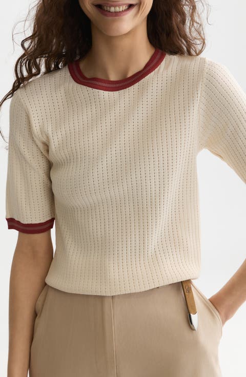 Relaxed Fit Contast Binding Short Sleeve Pointelle Sweater