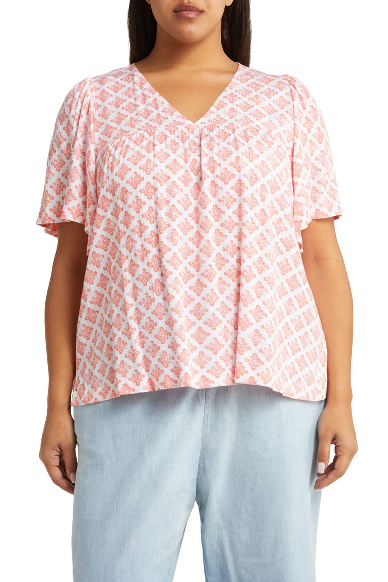 Print V-Neck Gauze Top, Main, color, WHITE- CORAL TILE GEO