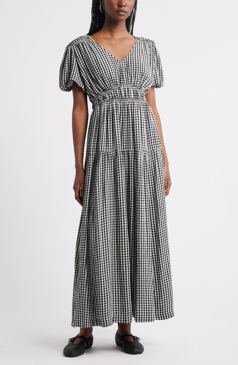 Treasure & Bond Gingham Puff Sleeve Maxi Dress, Main, color, Black- Ivory Gingham