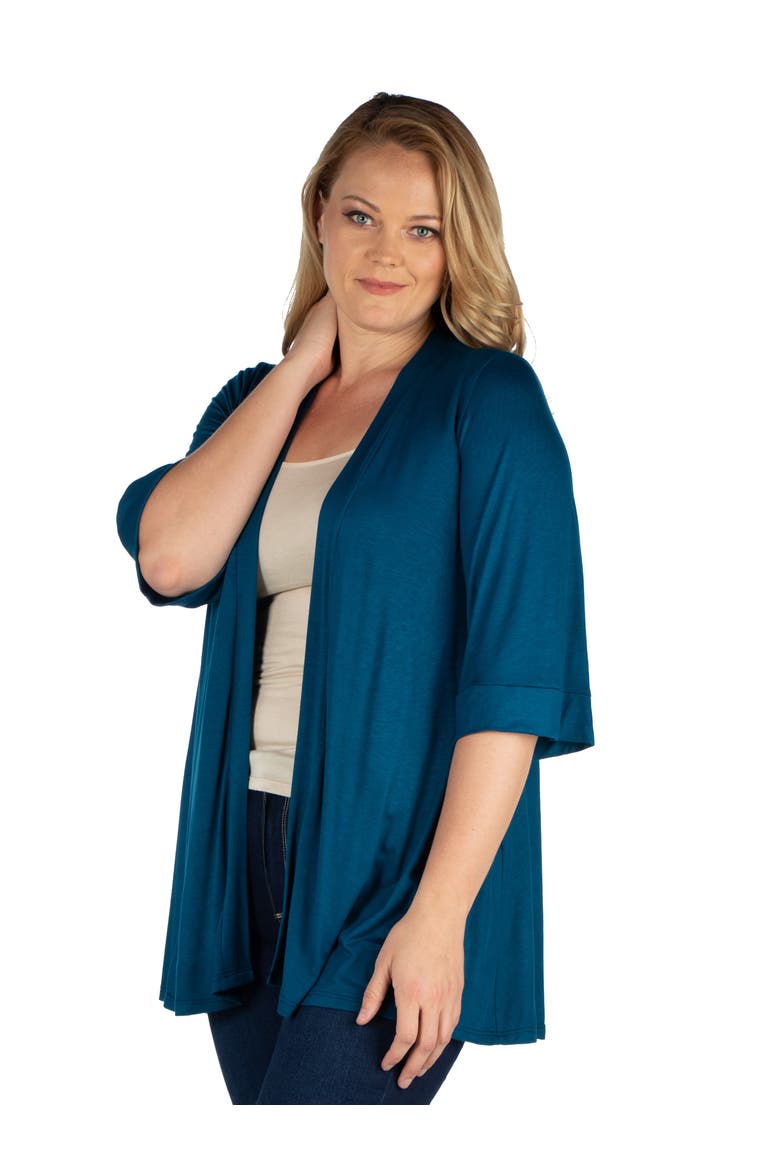 Plus Size Elbow Length Sleeve Open Front Cardigan, Alternate, color, Teal