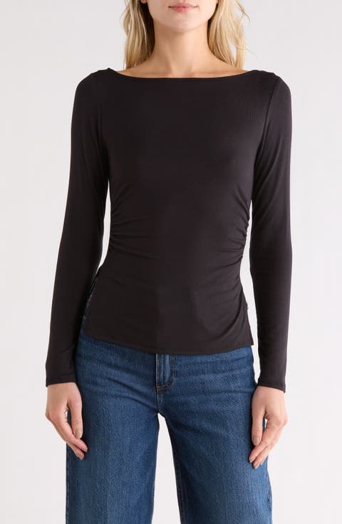 Boat Neck Long Sleeve Ruched Top