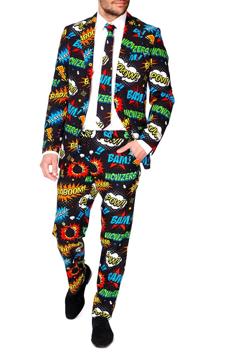 Badaboom Slim Fit Two-Piece Suit & Tie Set, Main, color, BLACK