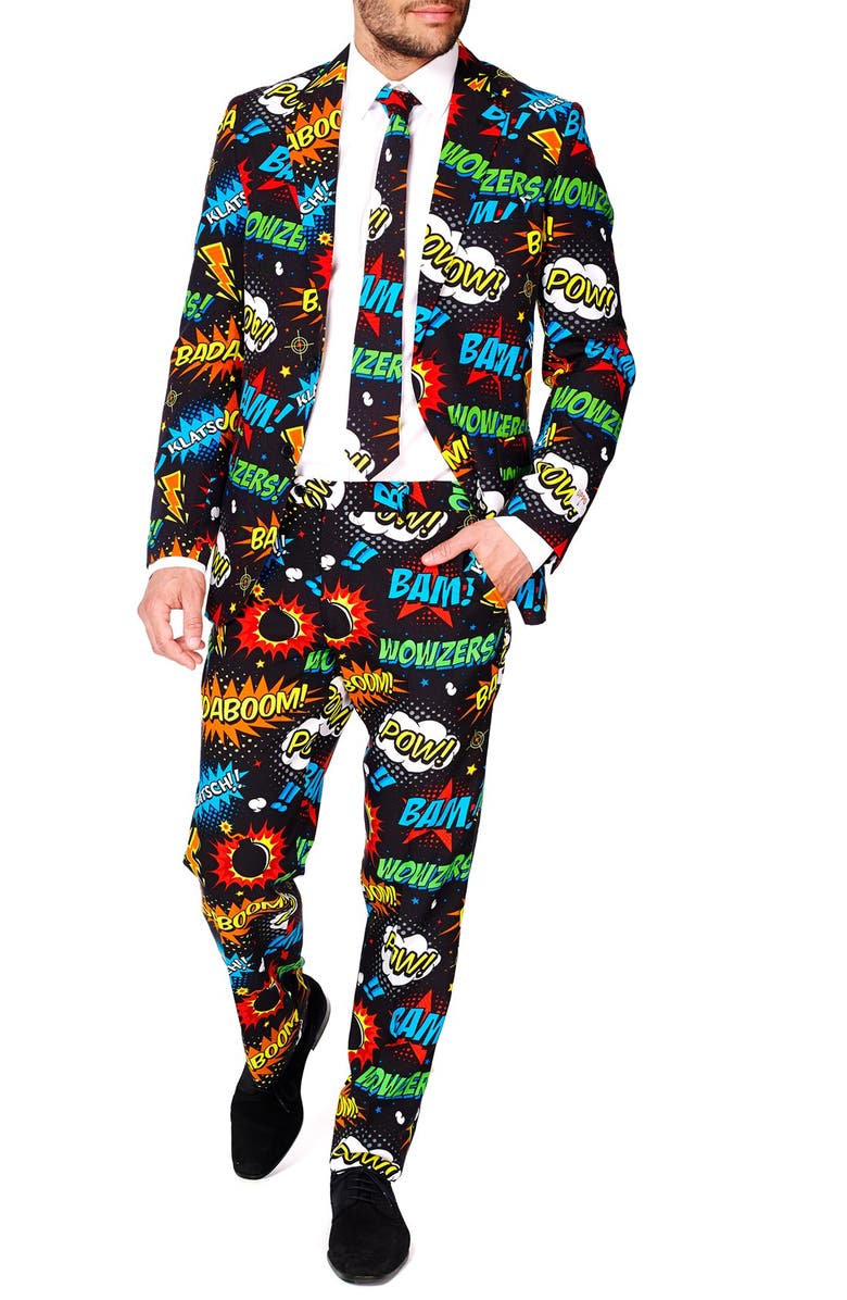 OppoSuits 'Badaboom' Trim Fit Two-Piece Suit with Tie, Main, color, Black