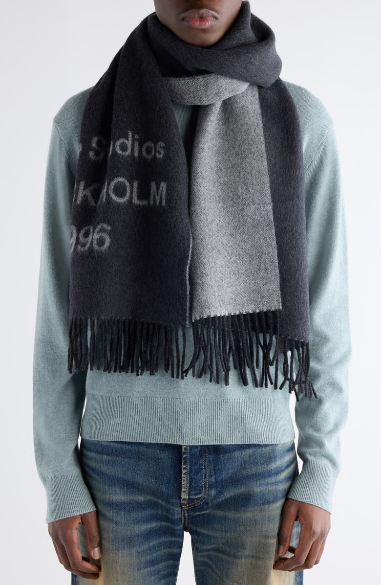 Acne Studios 1996 Logo Jacquard Double Face Wool Fringe Scarf, Alternate, color, Black/ White