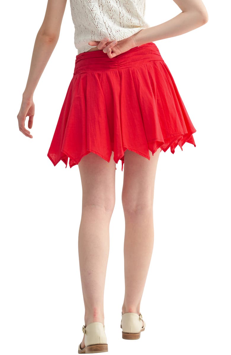 All in Favor Cinched Waist Handkerchief Hem Cotton Miniskirt, Alternate, color, Red