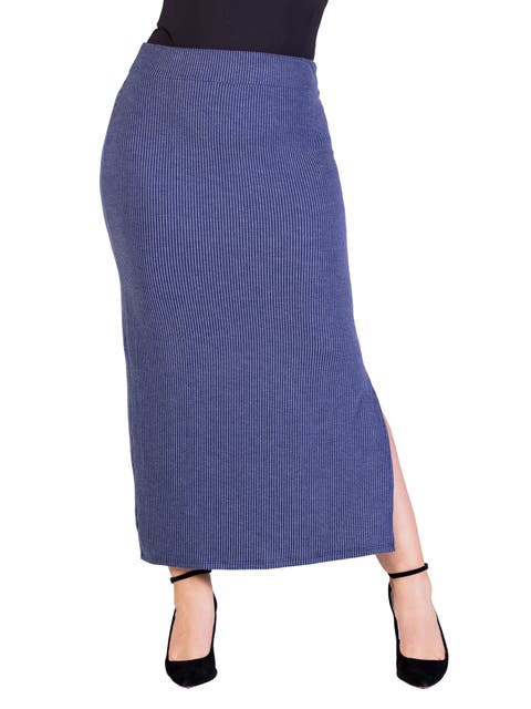 Ribbed Knit Side Slit Elastic Waist Maxi Skirt