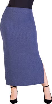 24seven Comfort Apparel Ribbed Knit Side Slit Elastic Waist Maxi Skirt