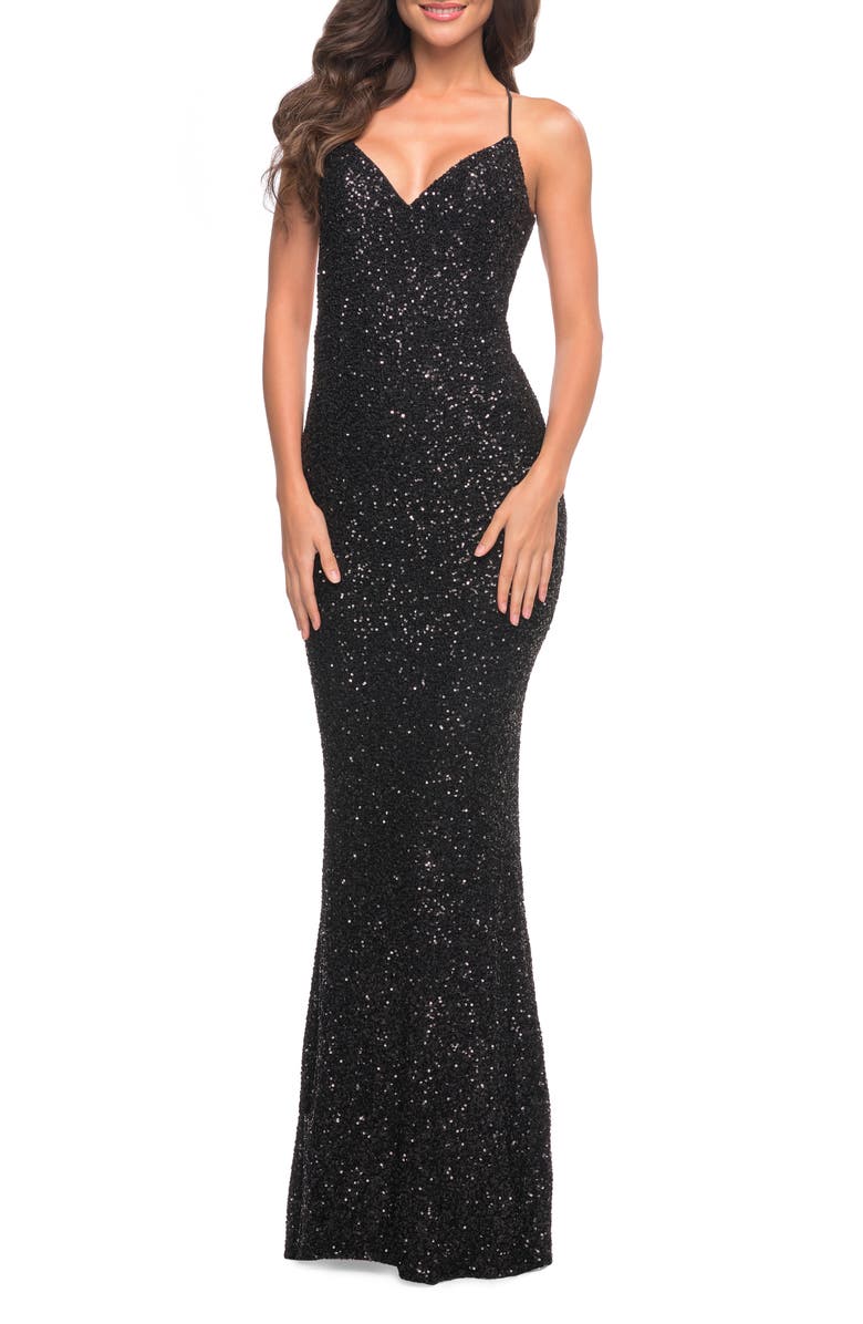 La Femme Stretch Sequin Sleeveless Gown, Main, color,