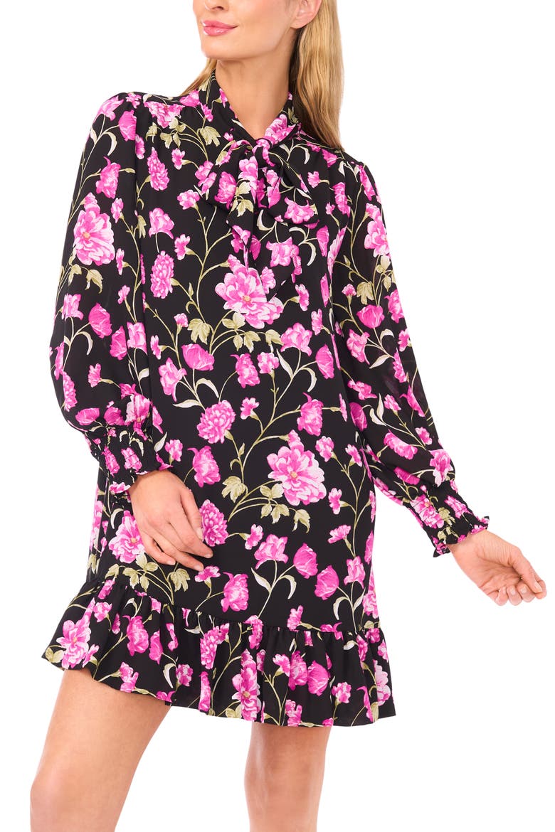 Floral Tie Neck Long Sleeve Dress, Alternate, color, RICH BLACK
