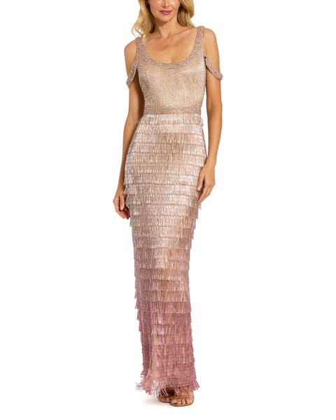 Scoop Neck Embellished Fringe Gown