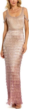 Mac Duggal Scoop Neck Embellished Fringe Gown