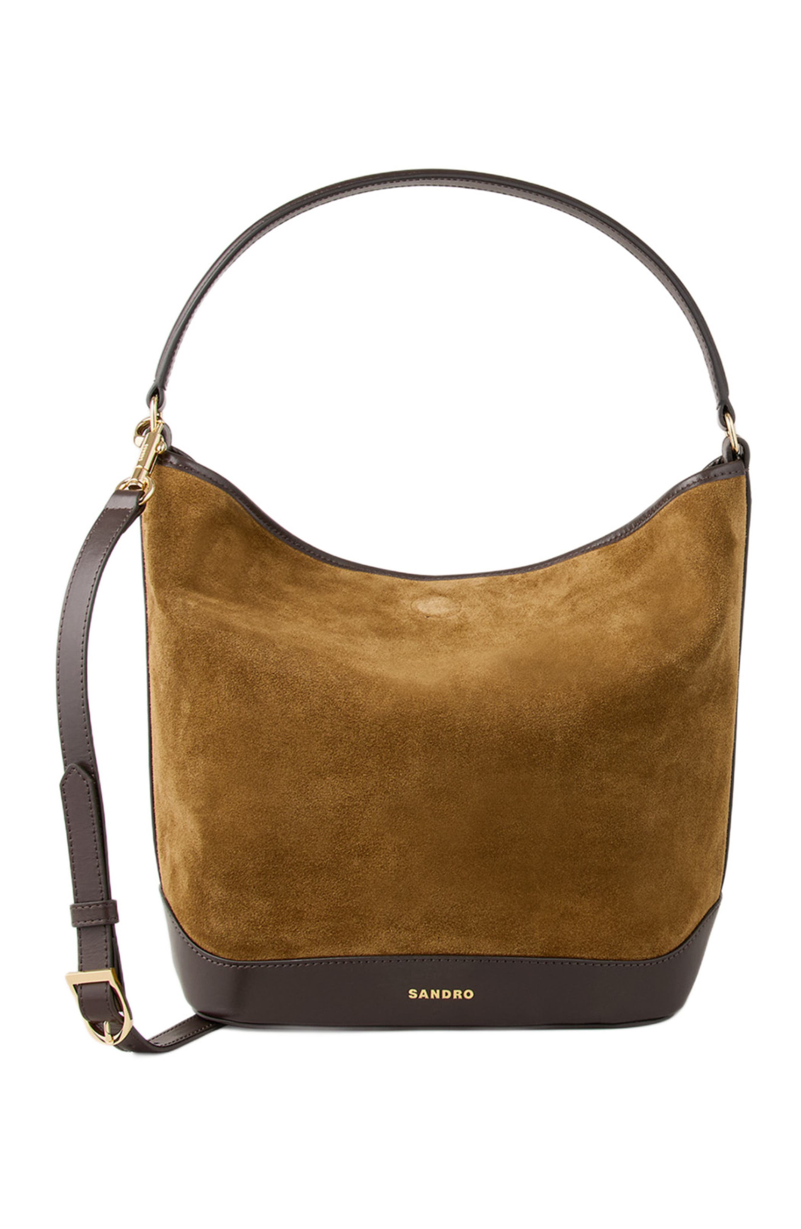 SANDRO Suede and leather bucket bag TANGOSO, Main, color, Camel