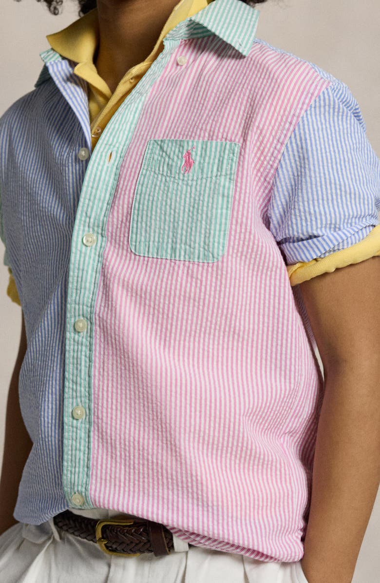 Polo Ralph Lauren Kids' Mismatched Stripe Short Sleeve Seersucker Button-Down Shirt, Alternate, color, 