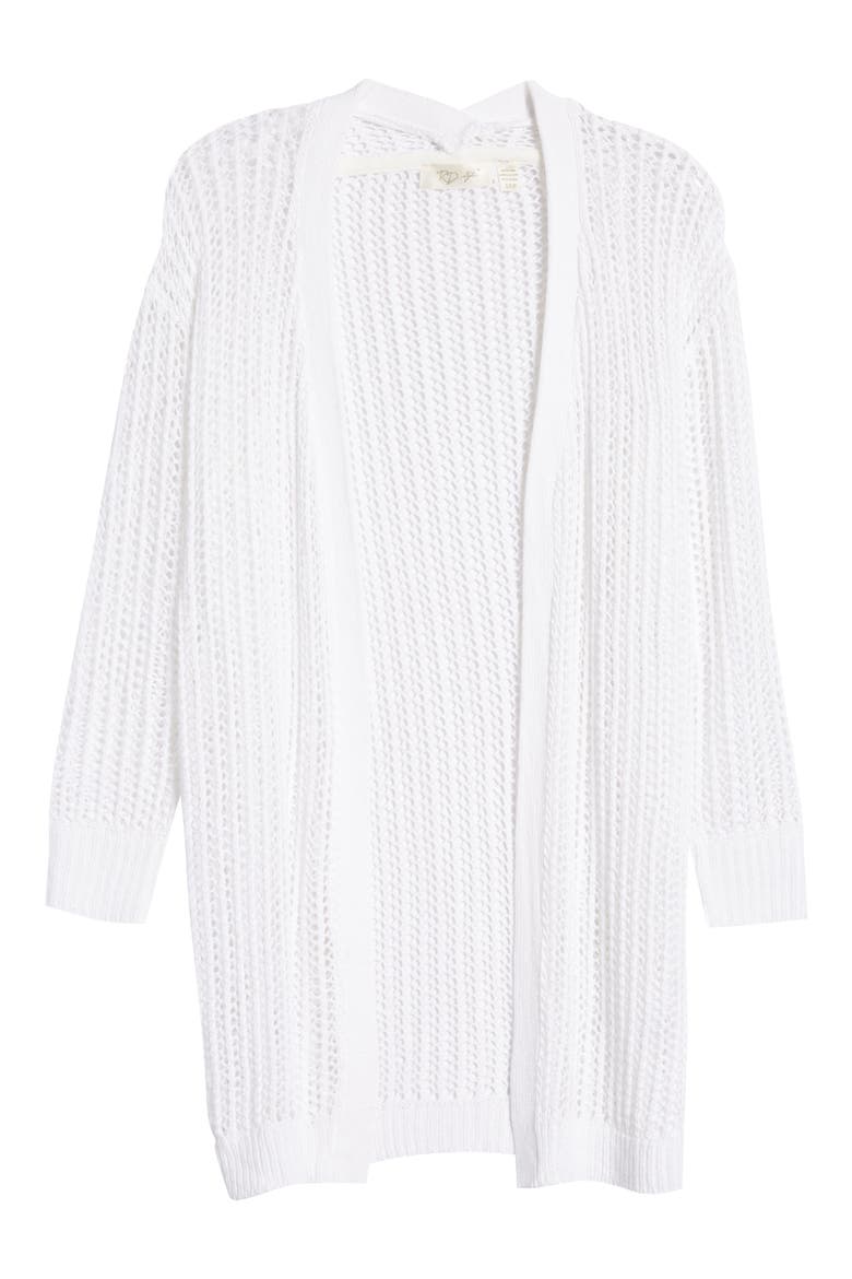 Crochet Open Front Long Cardigan, Alternate, color, WHITE