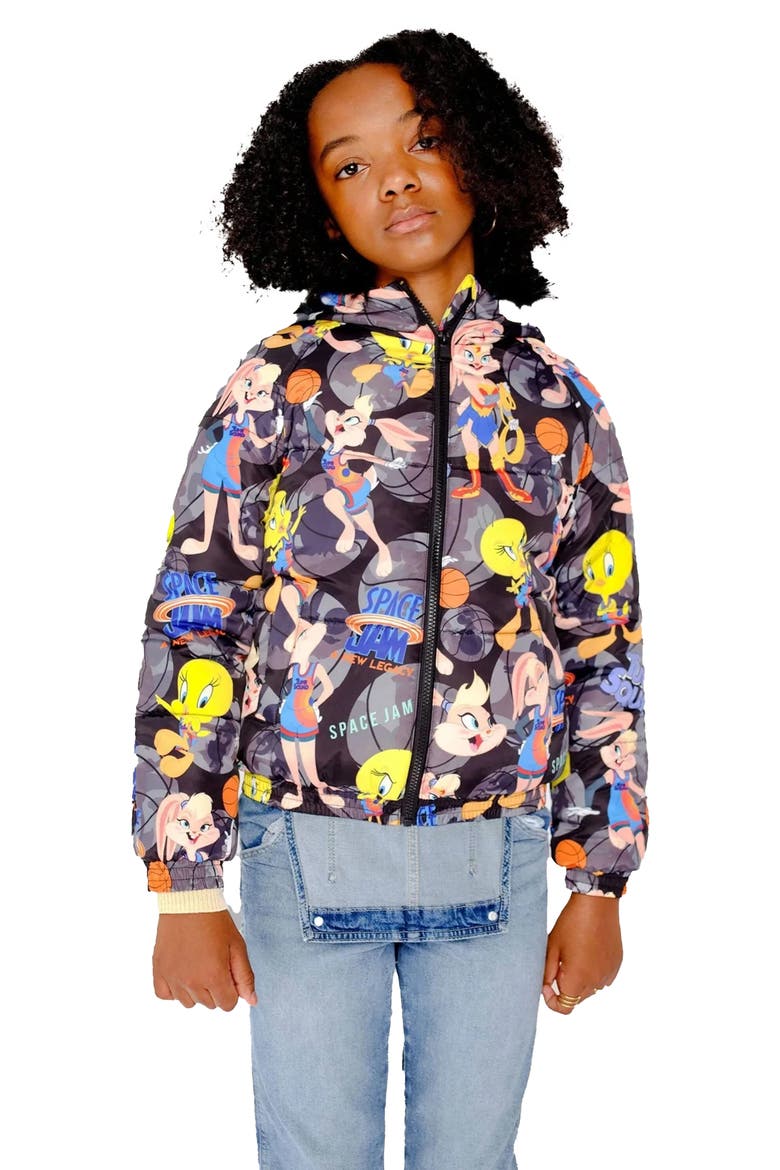 Girl's Heavy Quilted Puffer in New Looney Mash Jacket, Alternate, color, Black