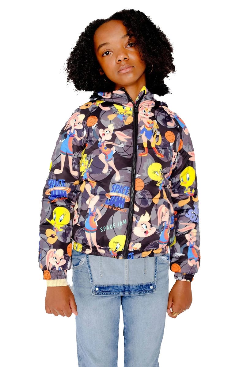 Members Only Girl's Heavy Quilted Puffer in New Looney Mash Jacket, Alternate, color, Black