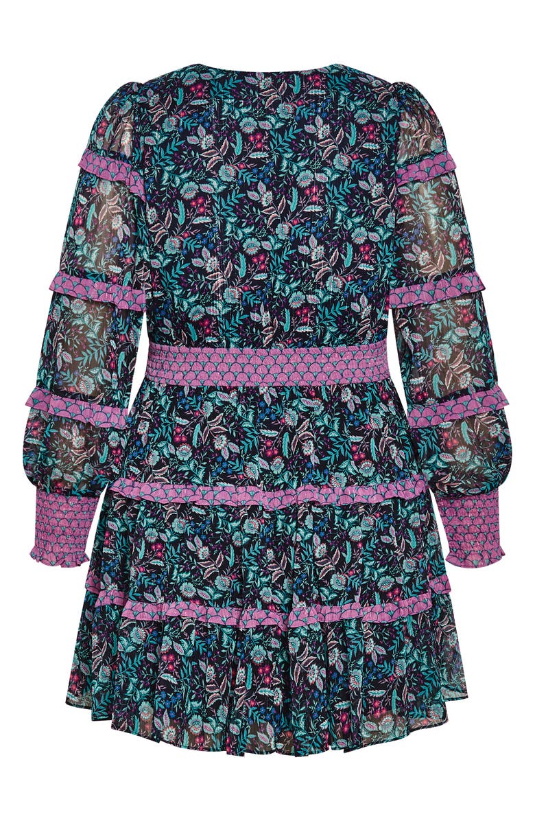 City Chic Iris Metallic Stripe Print Long Sleeve Tiered Dress, Alternate, color, Purple Floral