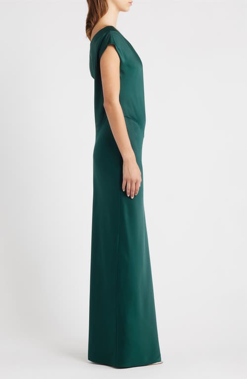 Wayf Colleen One-shoulder Drape Satin Gown In Green