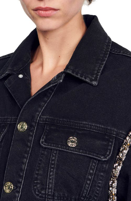 Sandro Oversized Denim Jacket With Rhinestones In Black