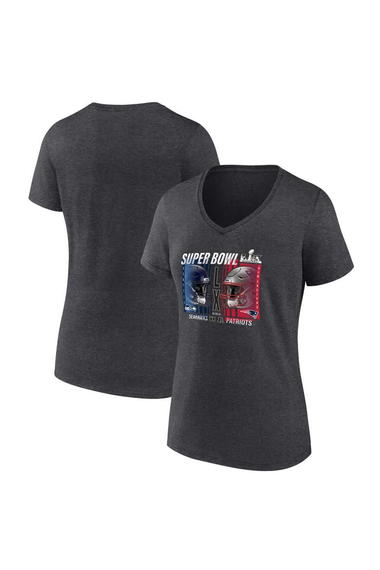 Women's Fanatics  Heather Charcoal New England Patriots vs. Seattle Seahawks Super Bowl LX Matchup Final Battle V-Neck T-Shirt, Main, color, Heather Charcoal