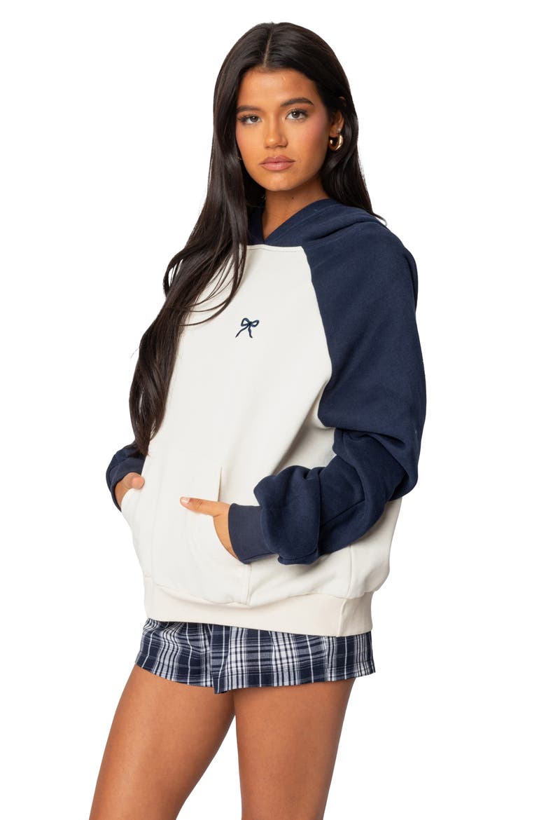 Bow Embroidery Oversize Colorblock Hoodie, Alternate, color, NAVY-AND-CREAM
