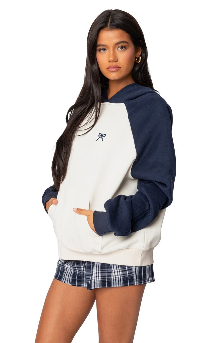 EDIKTED Bow Embroidery Oversize Colorblock Hoodie, Alternate, color, Navy-And-Cream
