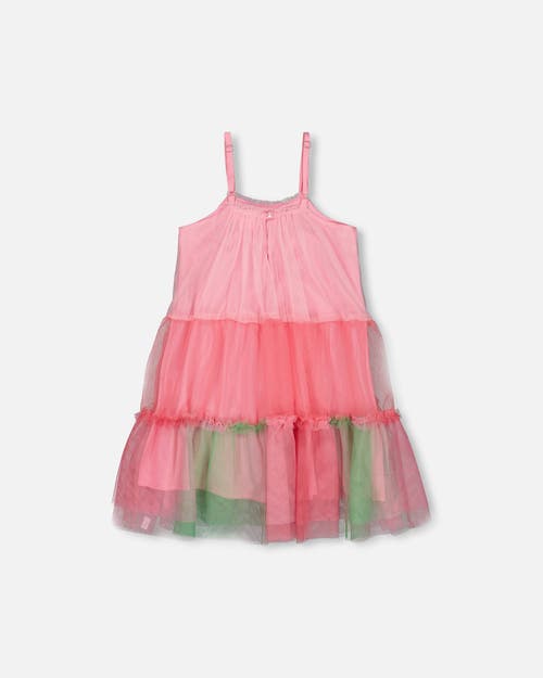 Deux Par Deux Little Girl's Sleeveless Color Block Tulle Dress Pink And Green In Pink And Green