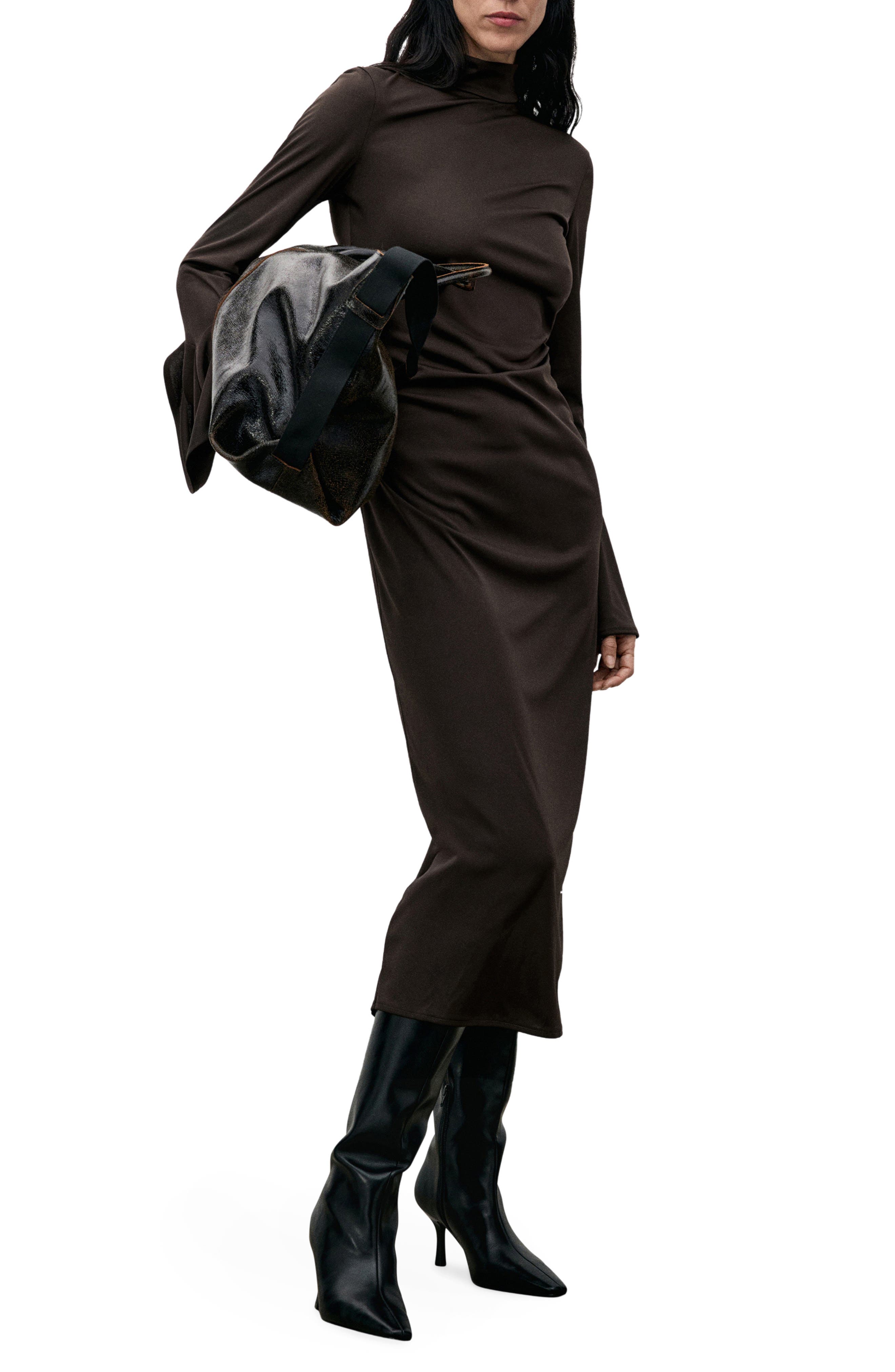 MANGO Ruched Long Sleeve Midi Dress