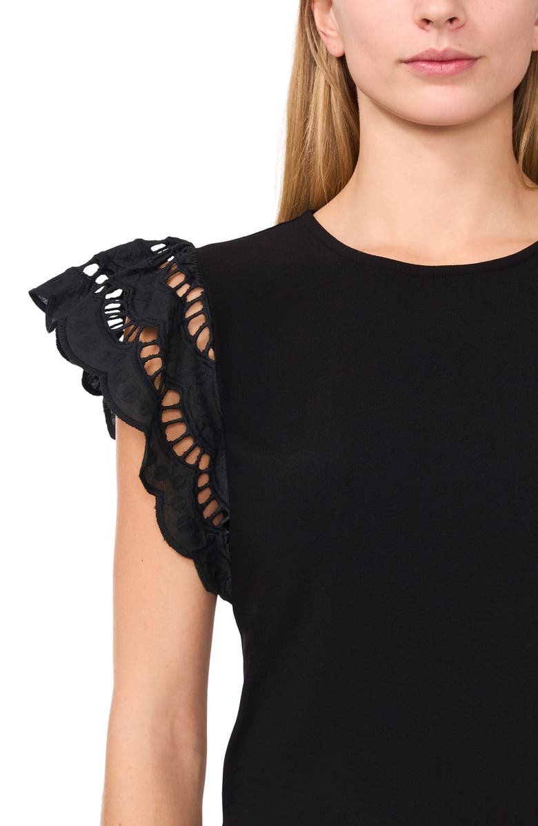 CeCe Embroidered Flutter Sleeve Mixed Media Top, Alternate, color, Rich Black
