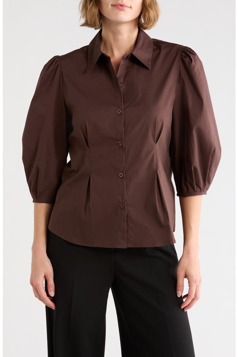 Three-Quarter Sleeve Pleated Waist Button-Up Shirt, Main, color, DARK CHOCOLATE