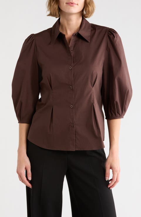 Three-Quarter Sleeve Pleated Waist Button-Up Shirt