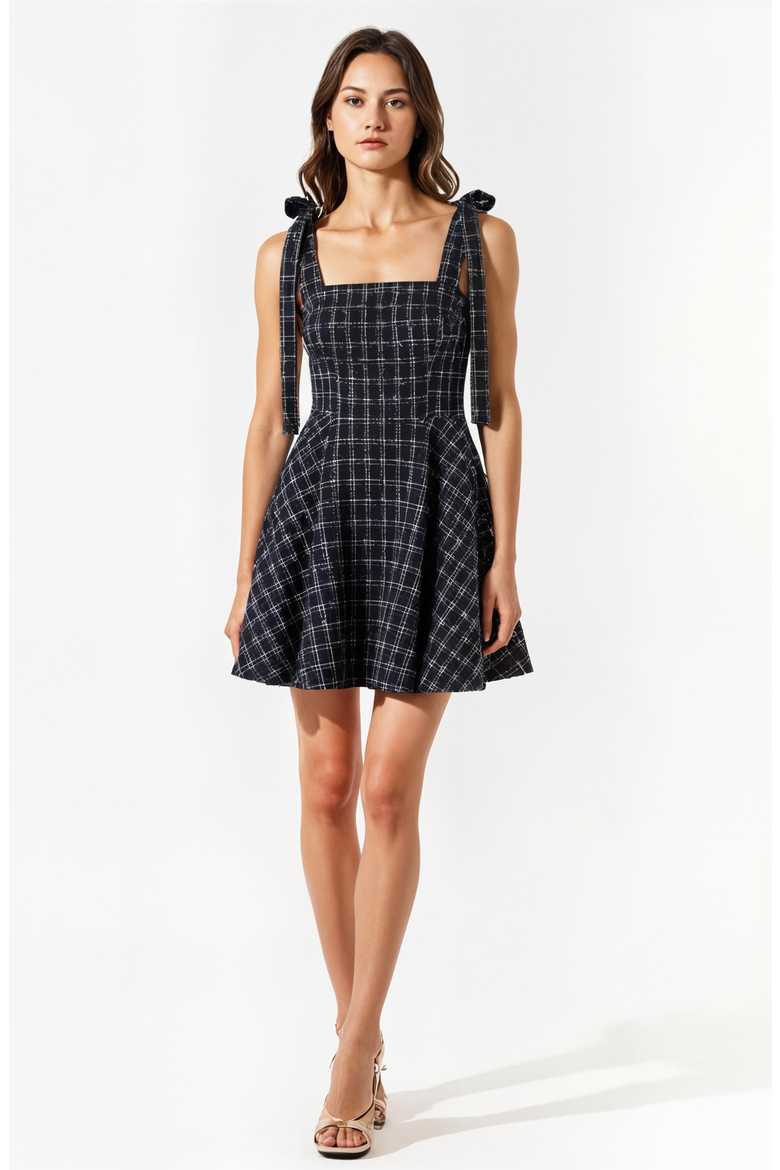 Plaid Mini Dress with Tie-Strap Shoulders and Square Neckline, Alternate, color, Black / White Plaid