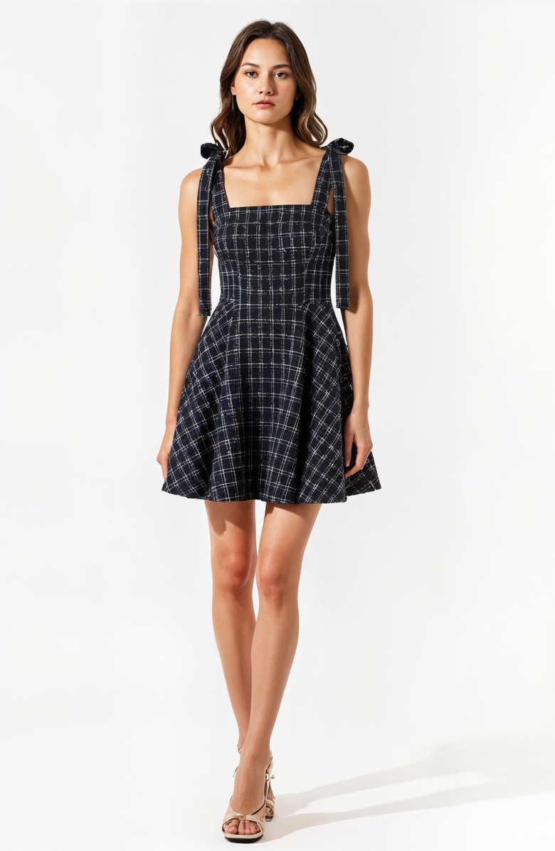 Modenaire Plaid Mini Dress with Tie-Strap Shoulders and Square Neckline, Alternate, color, Black / White Plaid