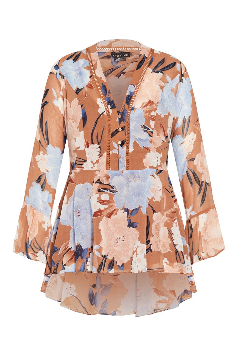 Caroline Floral V-Neck Tunic Top, Alternate, color, FUDGE TENDER FL