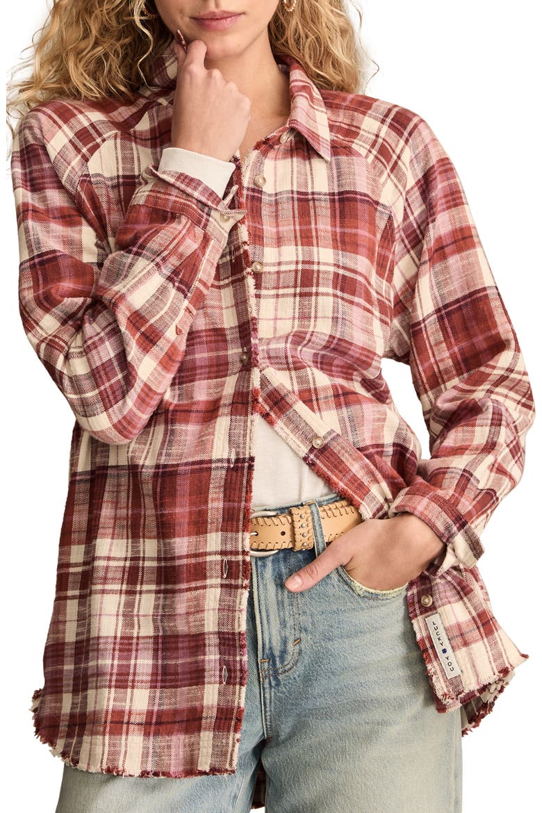Frayed Plaid Button-Up Tunic Shirt, Main, color, BURGUNDY PLAID