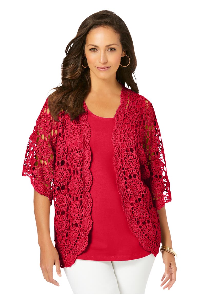 Crochet Cardigan, Main, color, VIVID RED