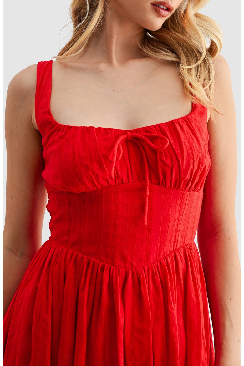 Shirred Corset Midi Dress, Alternate, color, CORAL RED