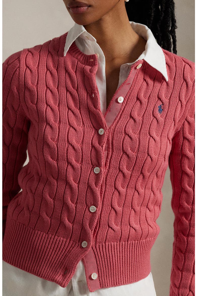 Cable Knit Cotton Crewneck Cardigan, Alternate, color, RED SKY