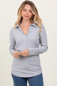 PinkBlush Ribbed Collared Long Sleeve Top
